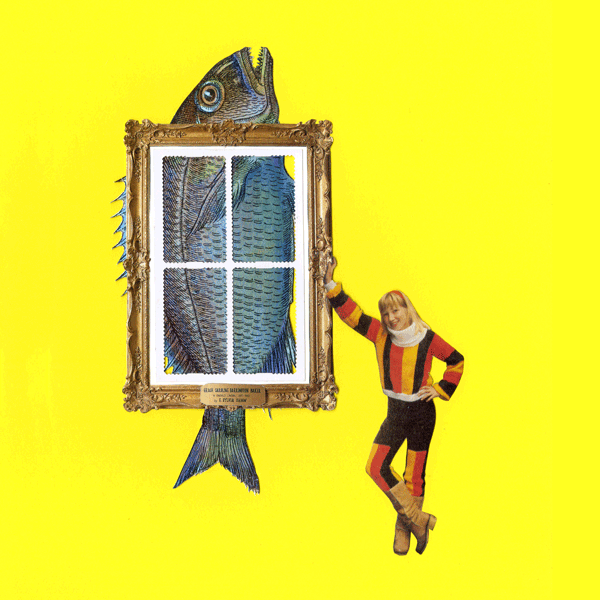A collage of a fish trapped inside of a gallery frame.