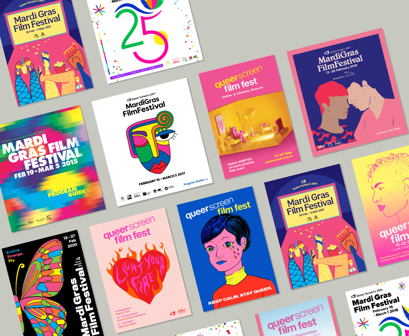 Retrospective of queer screen festival designs by Missy Dempsey between 2014 and 2021