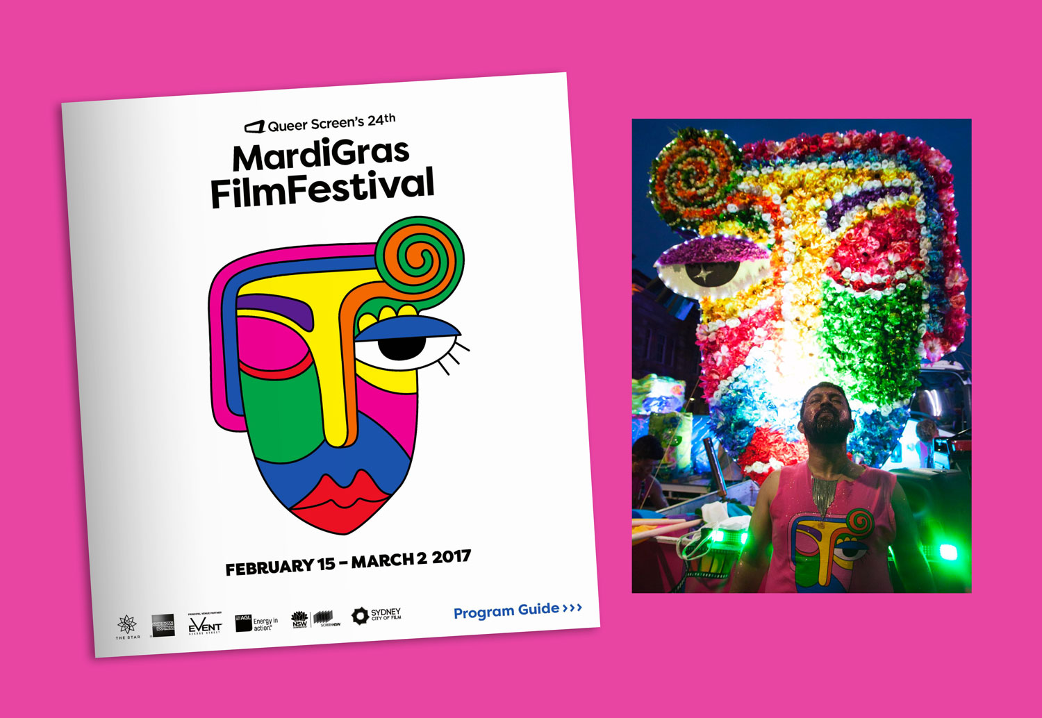 Program guide next to Mardi Gras float inspired by artwork