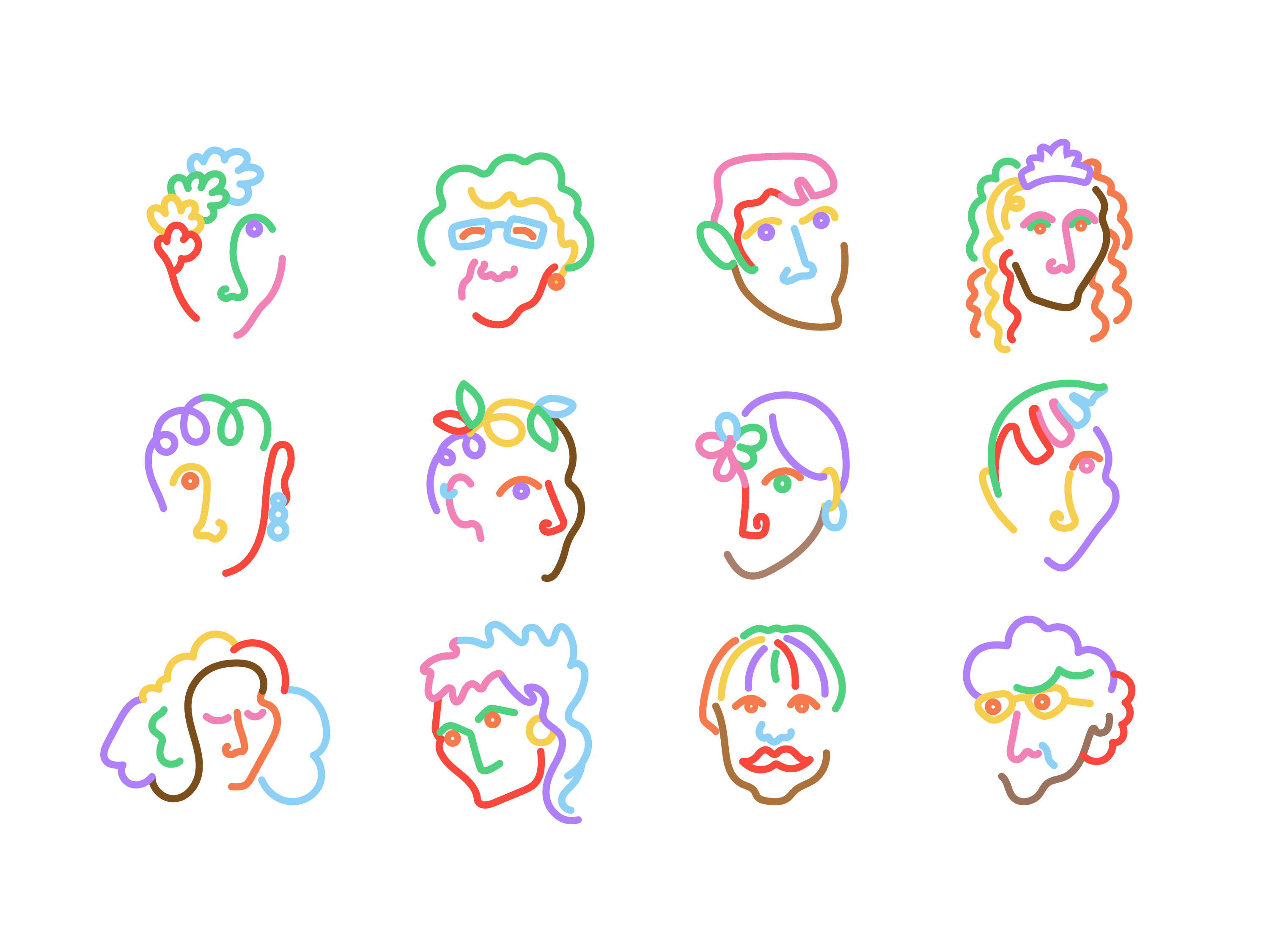 Icons of diverse people, coloured line drawings.