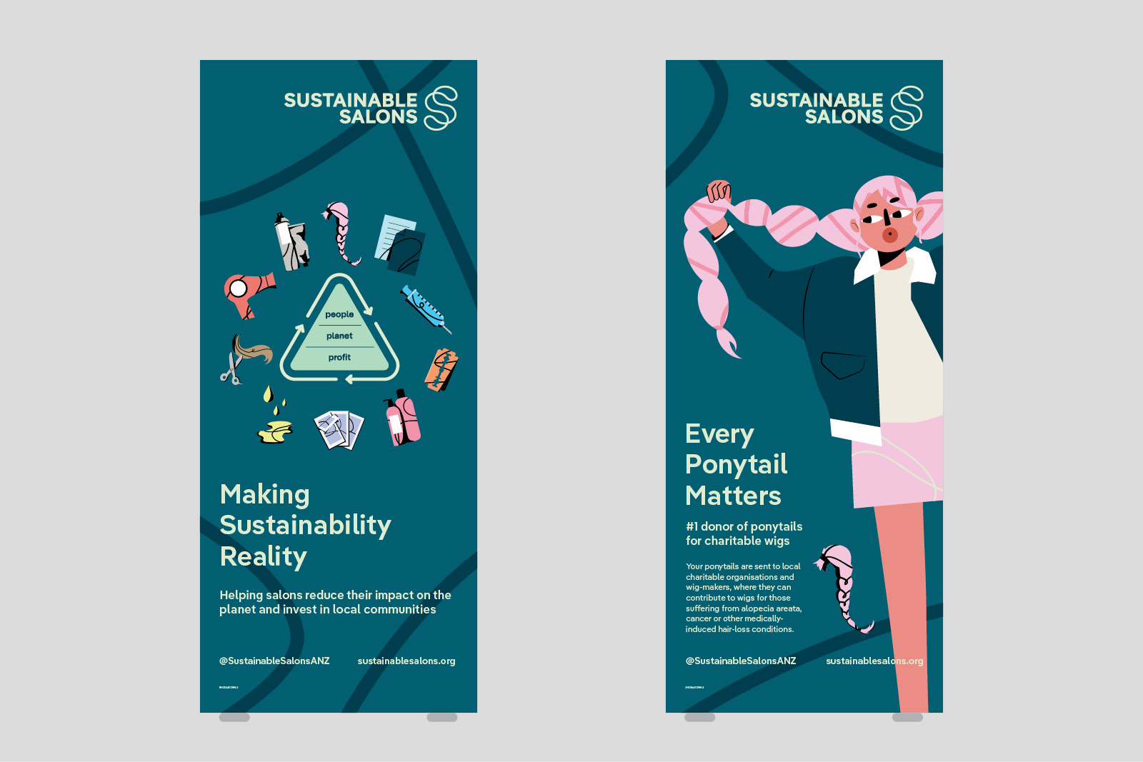 A mockup of two branded pull up banners for Sustainable salons