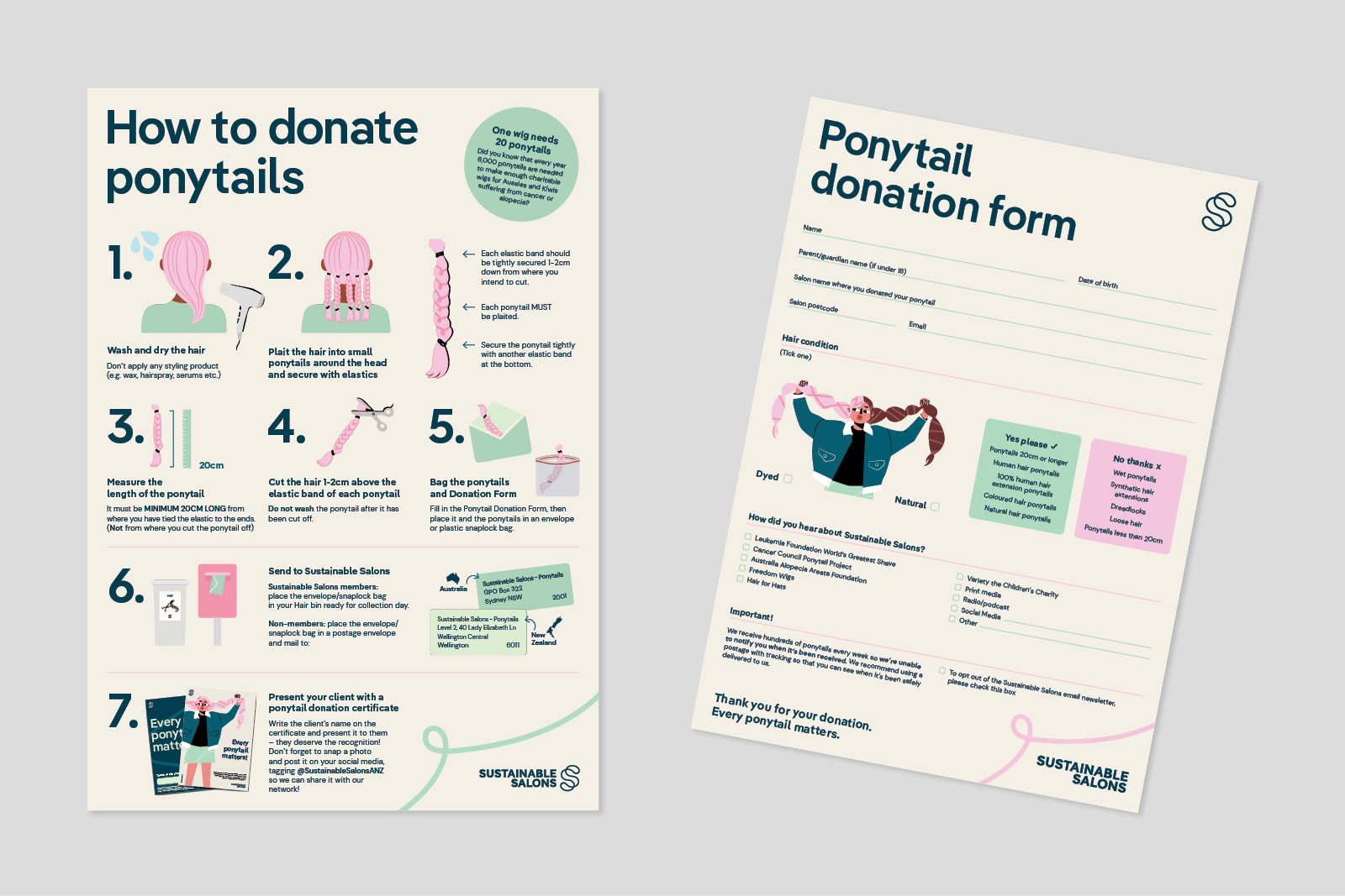 A mockup of what the front and back sides of a ponytail donation form looks like for Sustainable salons.