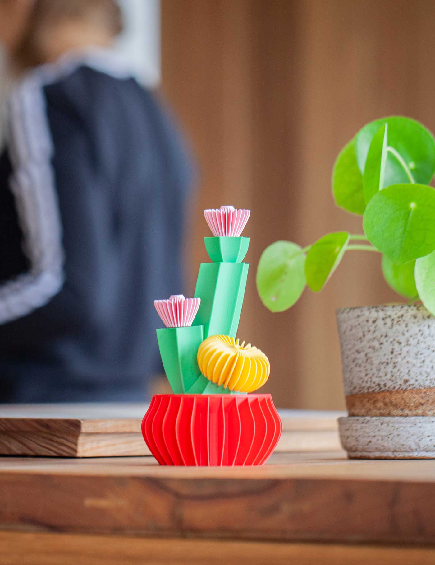3D printed Cacti designed by Wow Mountain on a timber benchtop.